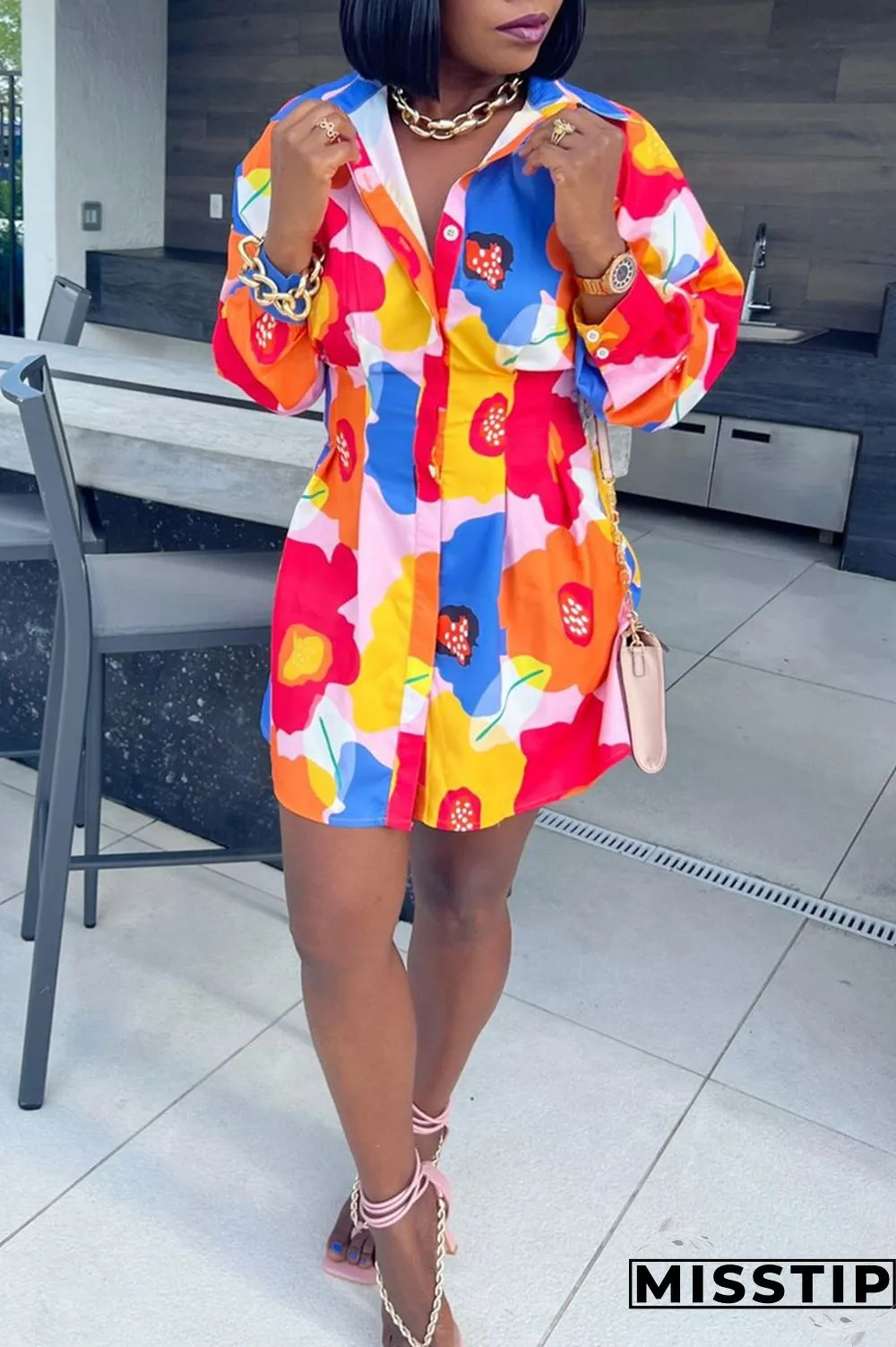 Multicolor Casual Print Patchwork Turndown Collar Long Sleeve Dresses