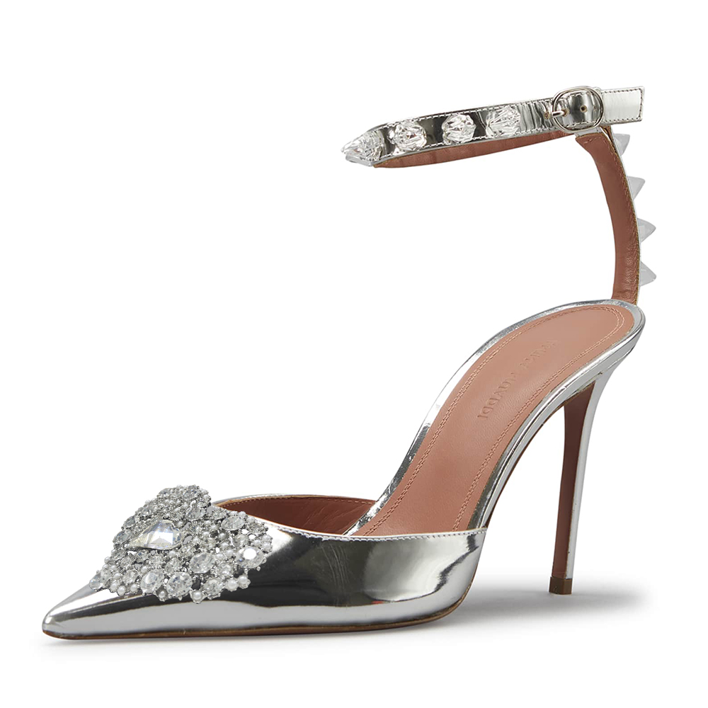 Silver Glitter Closed Toe 4'' Stiletto Heel Ankle Strap Pumps Nicepairs