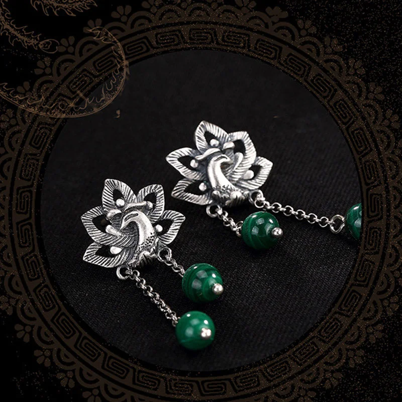 990 Sterling Silver Malachite Phoenix Peony Flower Bead Protection Drop Earrings
