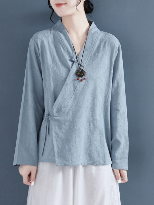 Side Tie Long Sleeve V Neck Wrap Style Linen Top