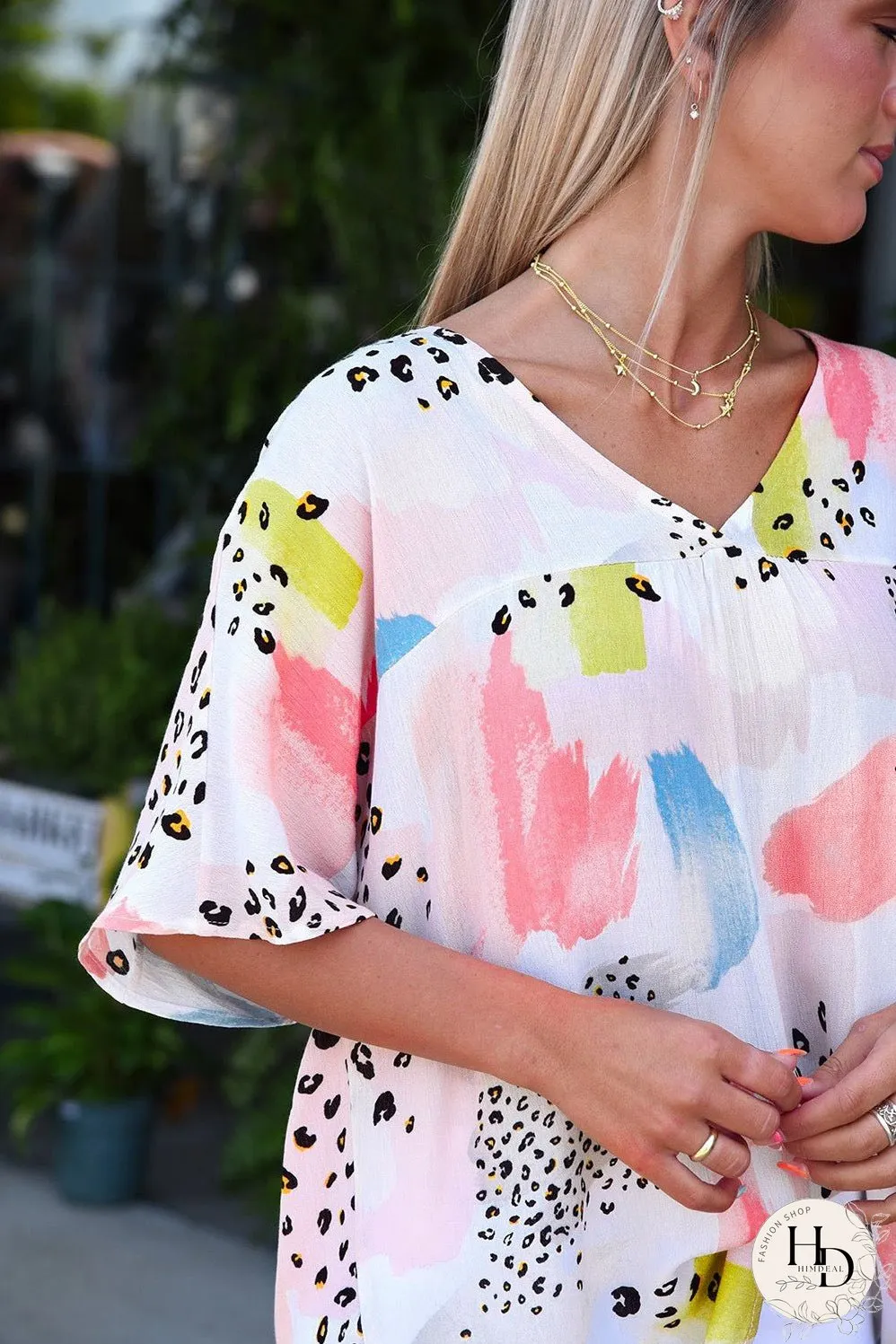 Whimsical Watercolor Animal Print V-Neck Blouse