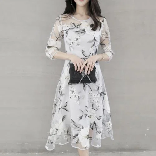 Women O Neck 3/4 Mesh Sleeve Floral Print Large Swing Double Layer Midi Dress Featuring floral print add stylish factor gifts