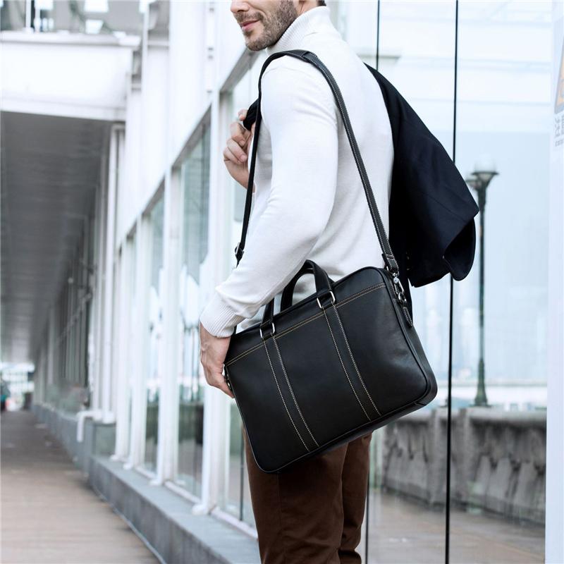 Fine Stitching Dual Top Handle Detachable Sling Strap Zip Top Genuine Leather Briefcase