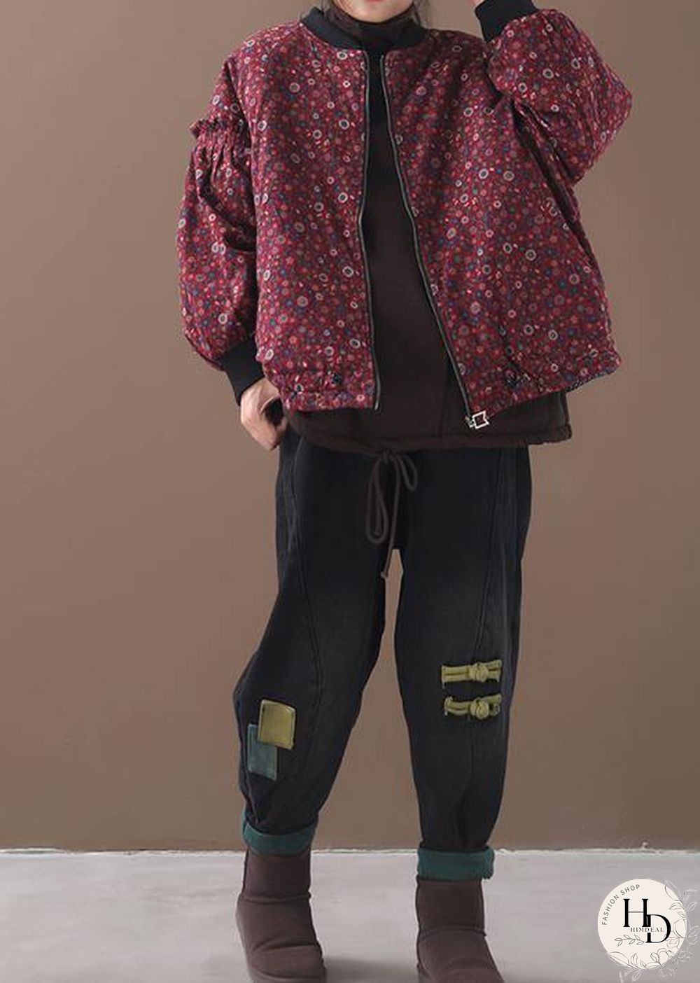 women plus size down jacket zippered outwear red floral patchwork o neck short coats