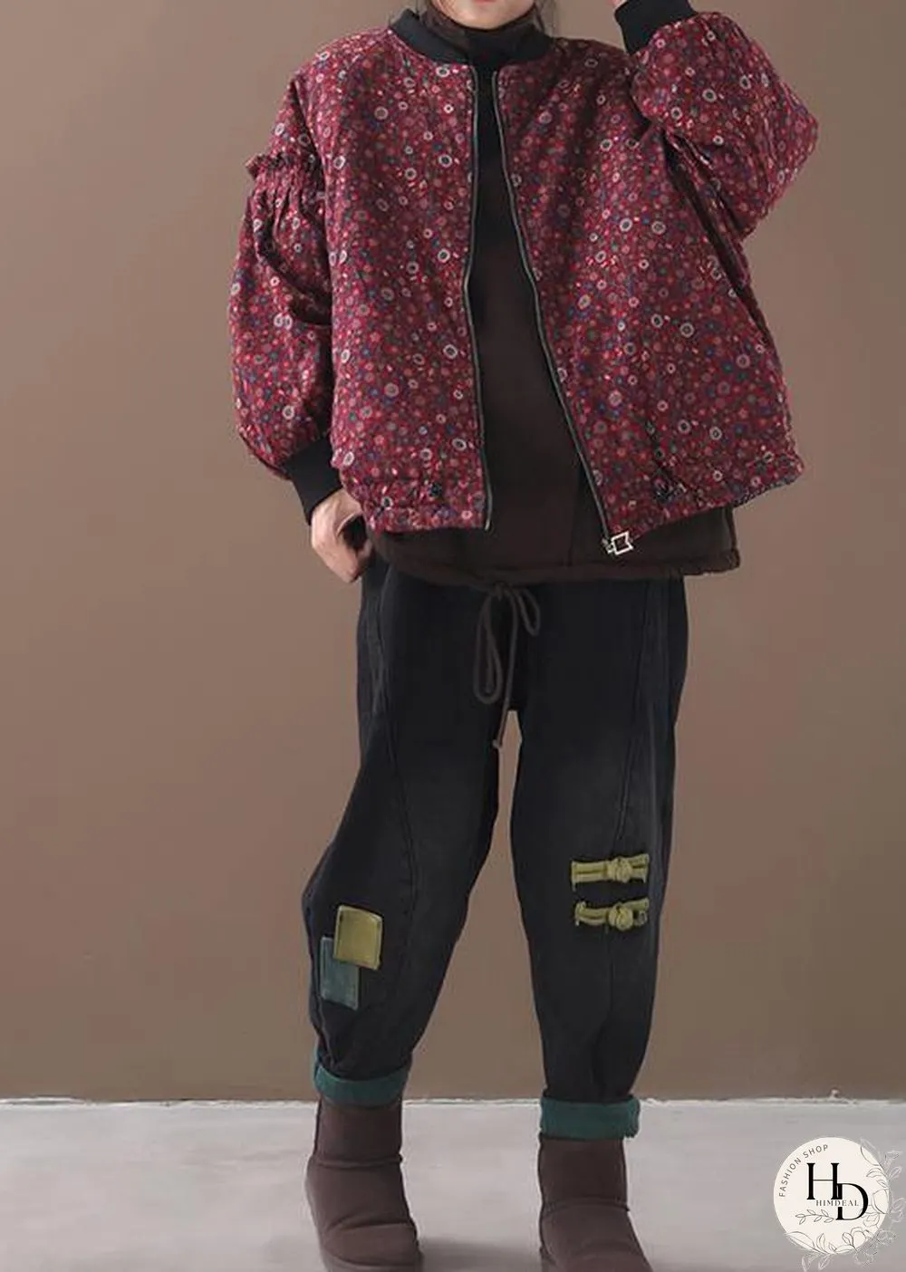 women plus size down jacket zippered outwear red floral patchwork o neck short coats