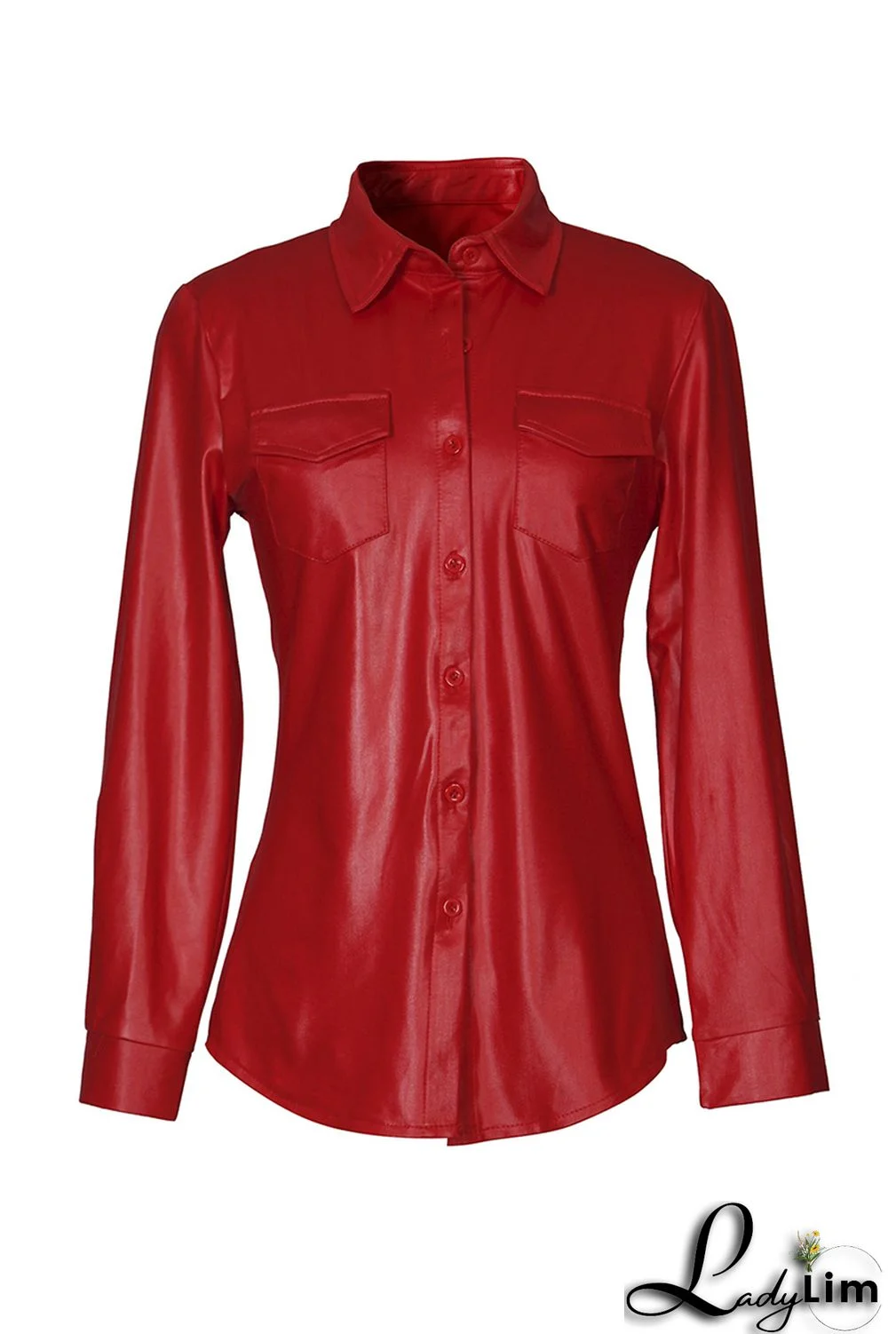 Red Fashion Casual Solid Basic Turndown Collar Tops