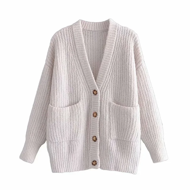 ZA 2021 White Winter Knit Cardigan Women Long Sleeve Patch Pockets Loose Sweater Button Up Female Vintage Knitted Cardigans