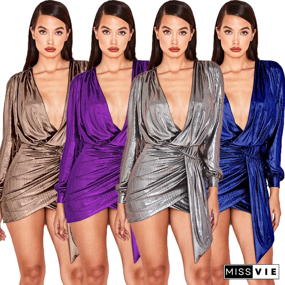 Gilding Deep V-neck Zipper Sexy Skirt Nightclub Dress