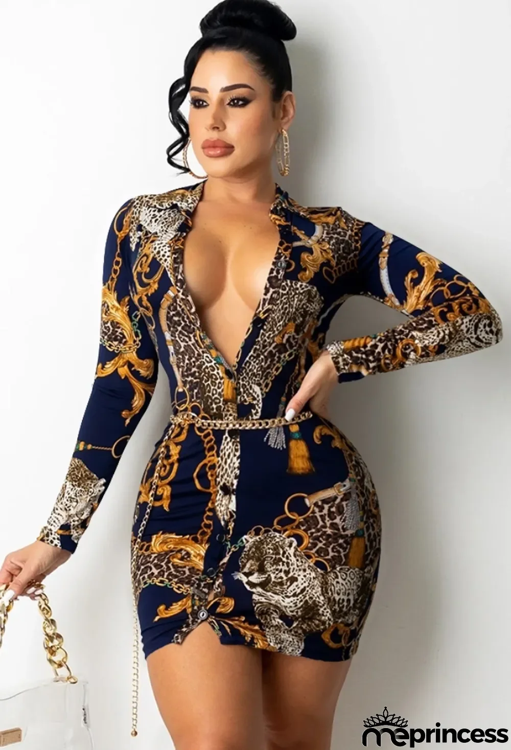 Autumn Print Retro V-Neck Mini Bodycon Dress