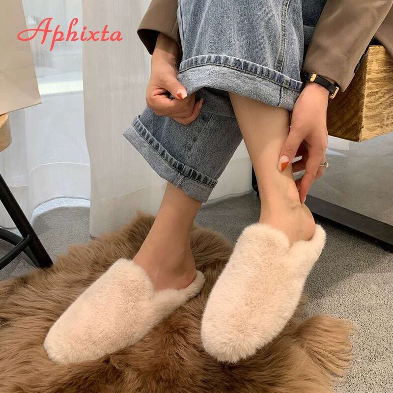 Aphixta 2020 New Furry Winter Warm Metal Chain Buckle Home Slippers Women Flip Flop Round Toe Mules Shoes Indoor Slippers Female