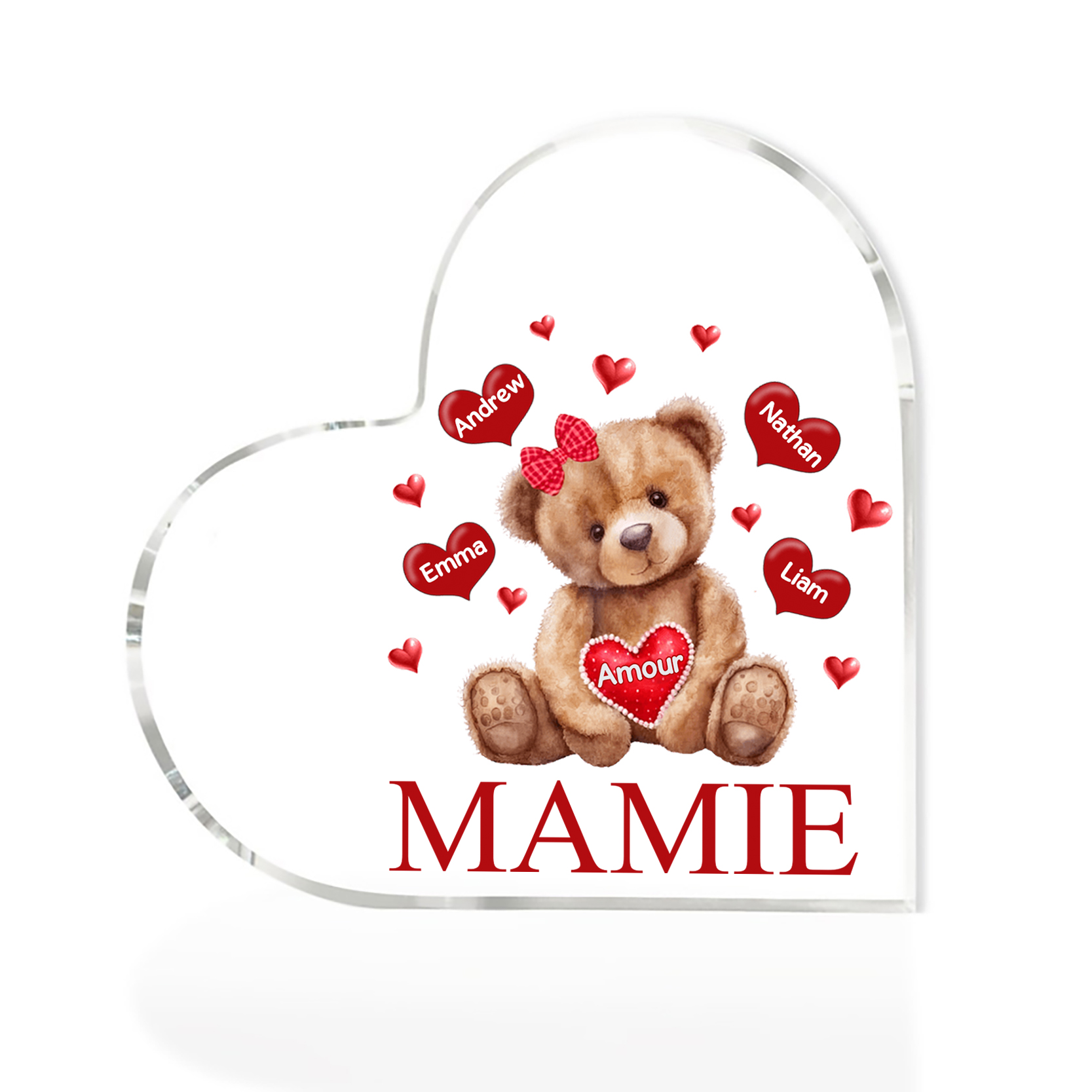 À ma Maman/Mamie - Plaque Acrylique Ours en Forme de Cœur 4 Prénoms Personnalisés avec 1 Texte