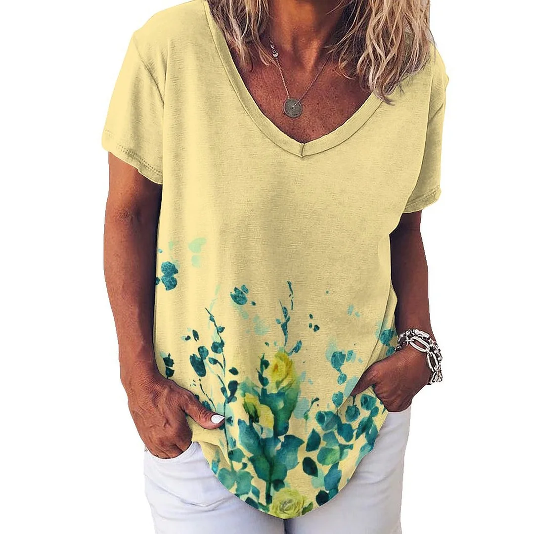 V-neck Short Sleeve Casual T-shirt for  Women Printed with Pattern Yellow, Floral