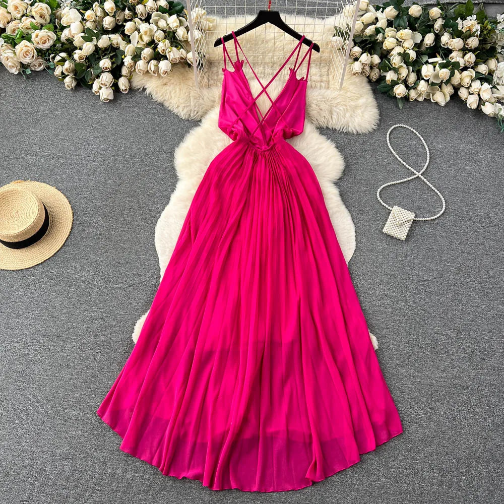 Aiertu Summer Sexy A Line Dress Deep V Neck Sling Cross Ruffles Backless Pleated Solid Women Elegant Evening Party Long Dress Aiertu