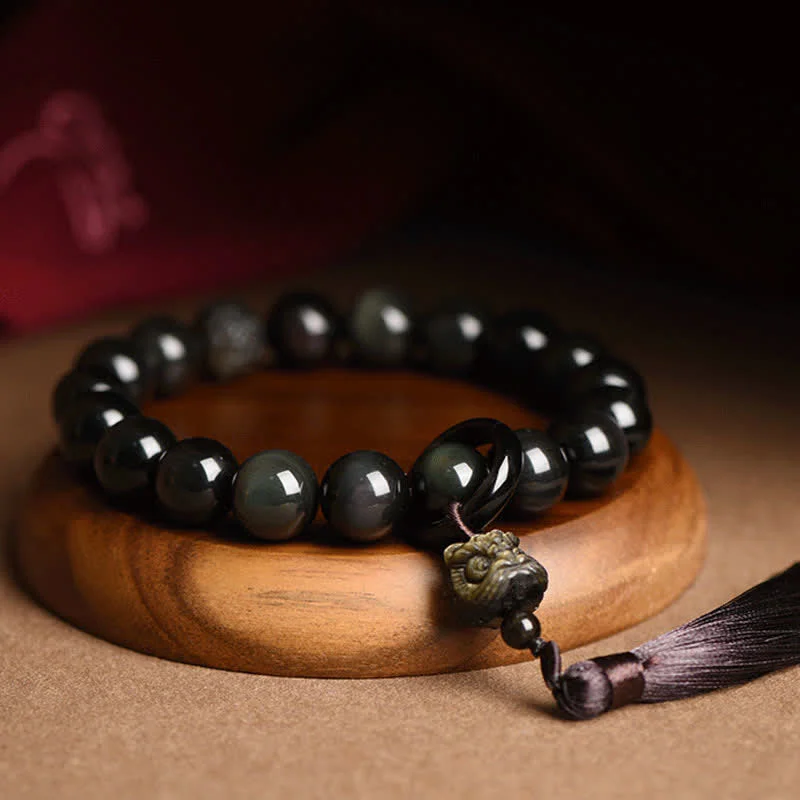 Natural Black Obsidian Lion Wrist Mala Protection Tassels Pocket Mala Car Decoration