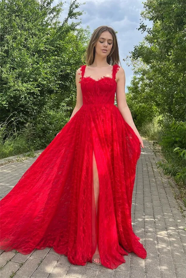 Bellasprom Red Straps Lace Evening Dress Long A-Line With Slit