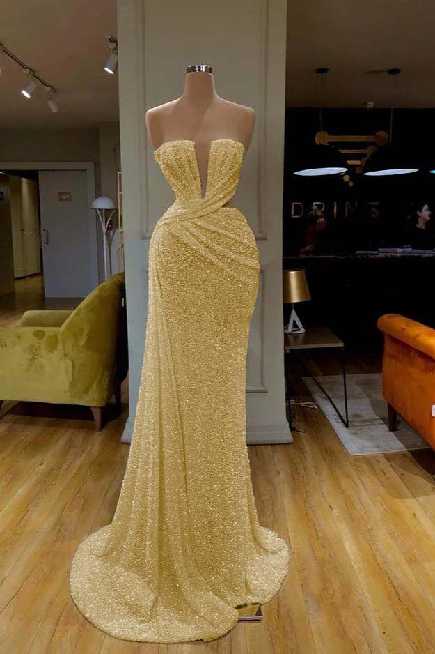 Hidais Sequins Sleeveless Gorgeous White Strapless Prom Dress With Pleated Online