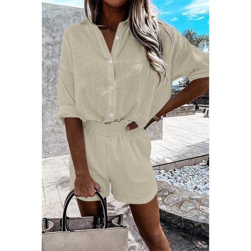 Summer Women Sets Celmia Lightweight Lapel Long Sleeve Shirt and Pleats Elastic Waist Short Suits Casual Cotton 2 PCS Short Sets