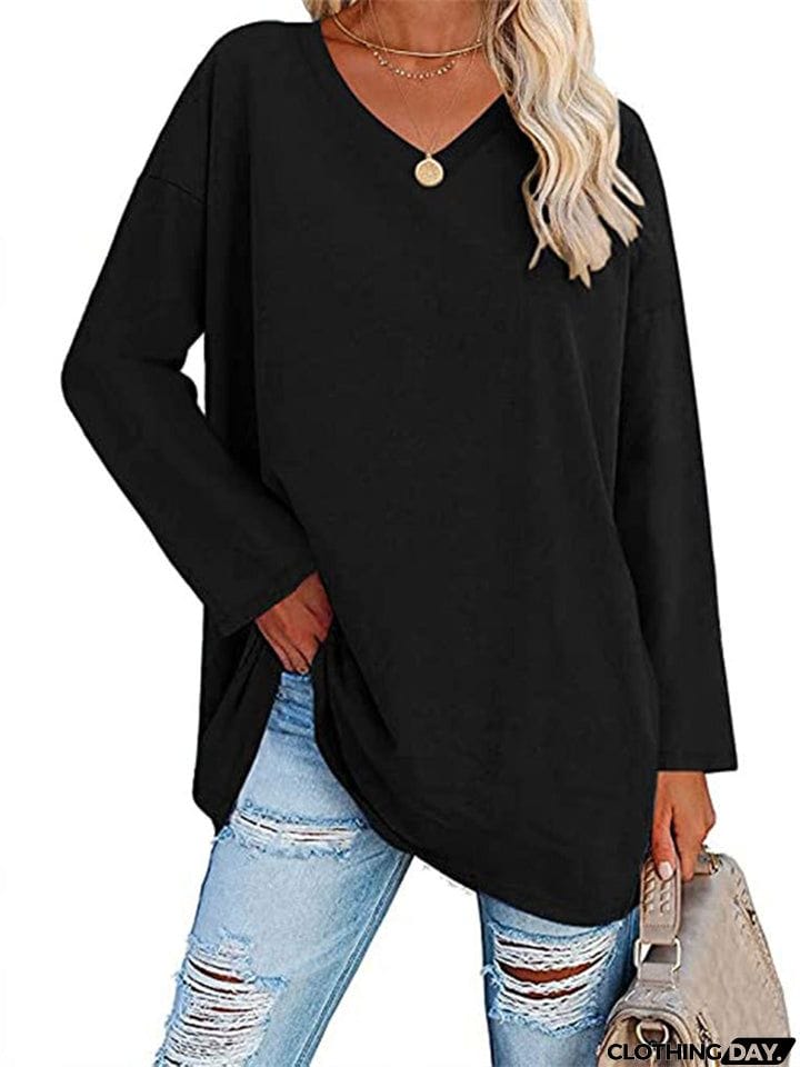 Women's V Neck Long Sleeve Cozy Loose Cotton Tops