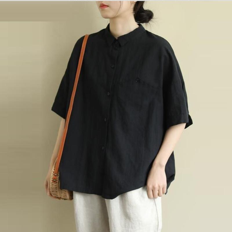 Women Vintage Cotton Linen Turn-down Collar Blouses&Shirts