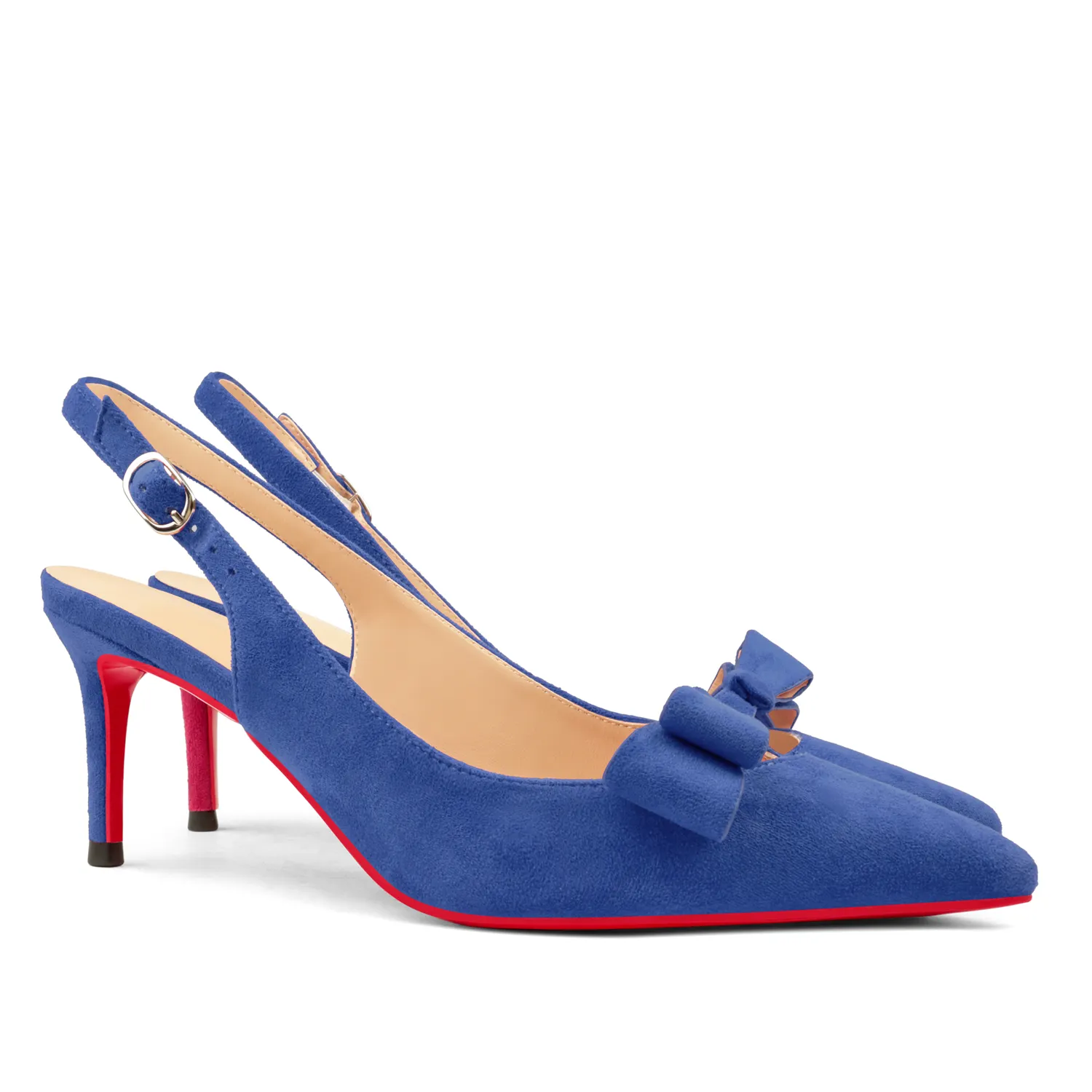 65mm Women's Pointed Toe With Bows Kitten Stillettos Slingback Red Bottoms Prom Suede Sandals-vocosishoes