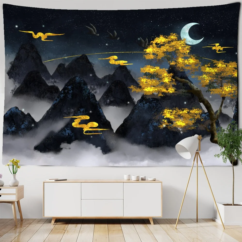 Crane Chinese Painting Blanket Tapestry Wall Hanging Bohemian Nordic Style Landscape Bedroom Home Decor