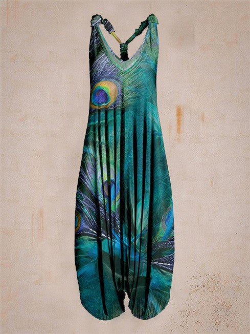 Green Peacock Prints Sleeveless Harem Jumpsuit