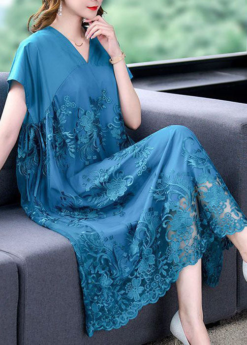 VCSHOES Blue V Neck Patchwork Tulle Silk Dresses Summer