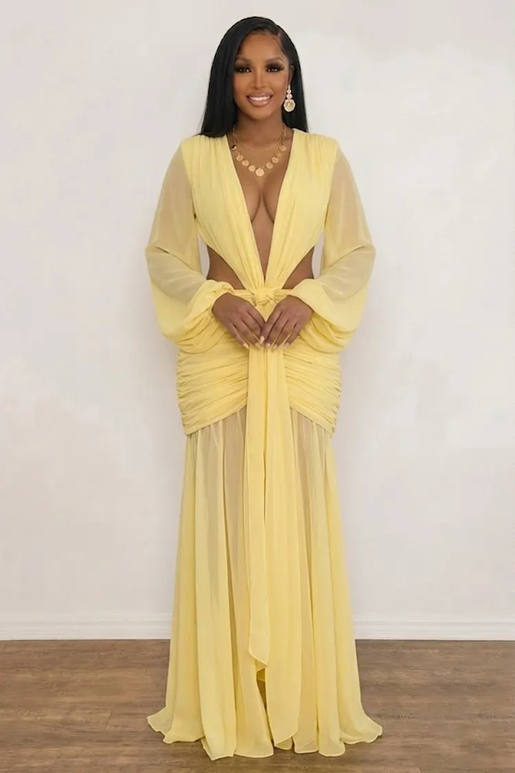 Plunge Neck Lantern Sleeve Cut Out Ruched Backless Maxi Dresses-Yellow
