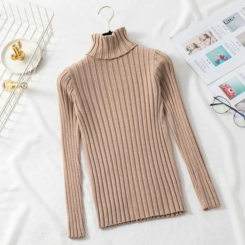 Autumn Winter Jumper Turtleneck Sweater Knitted New Green Women Sweater Pullover Long Sleeve Slim Striped Vintage Sweaters 16220