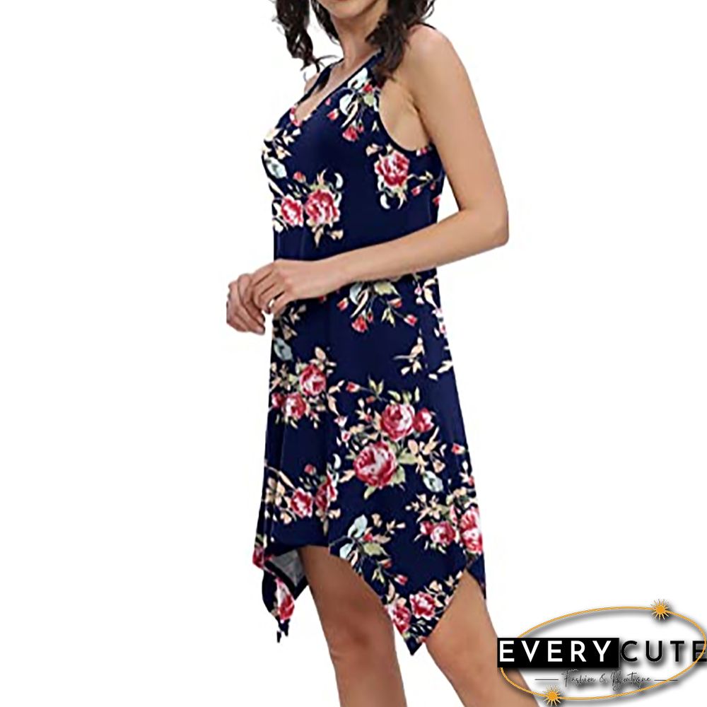 Navy Blue Floral Print Sleeveless Tank Dress