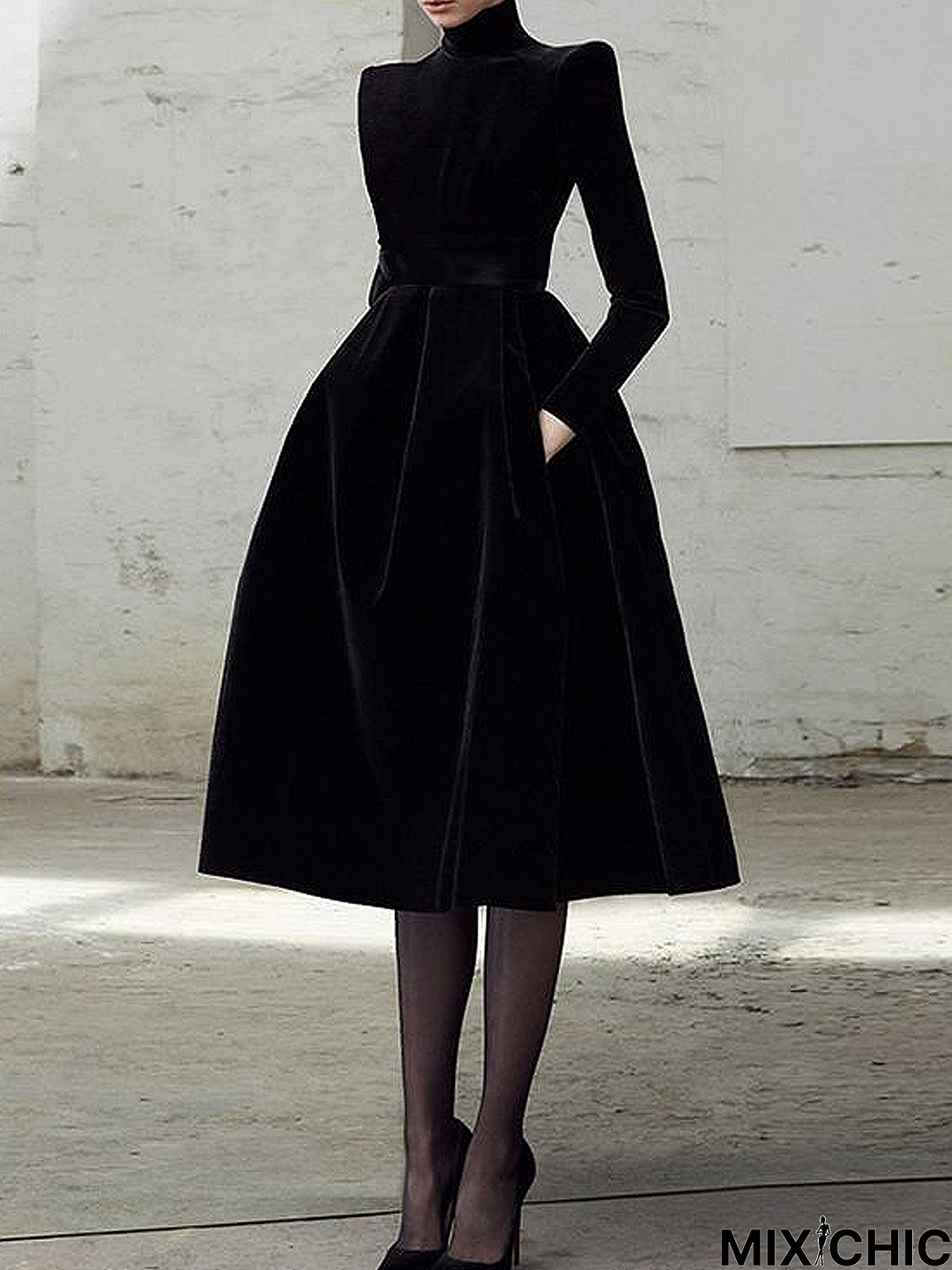 Plain Elegant Stand Collar Long sleeve  Midi Party Dress