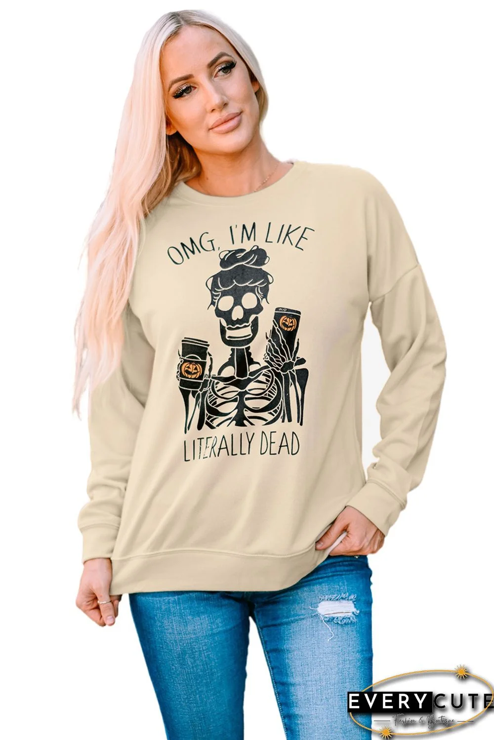 Halloween Skeleton Letter Print Crew Neck Pullover Sweatshirt