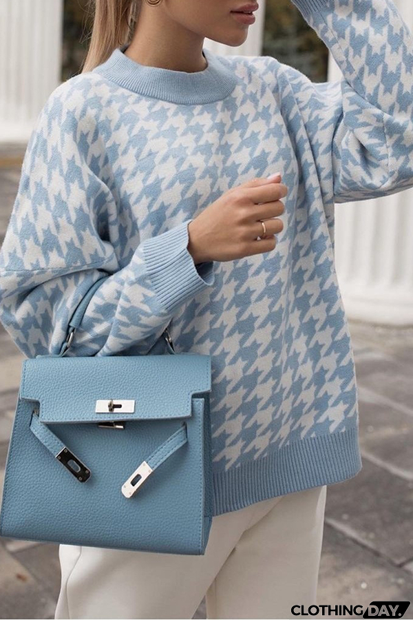 Fashion Street Geometric Patchwork Contrast O Neck Sweater(3 Colors)