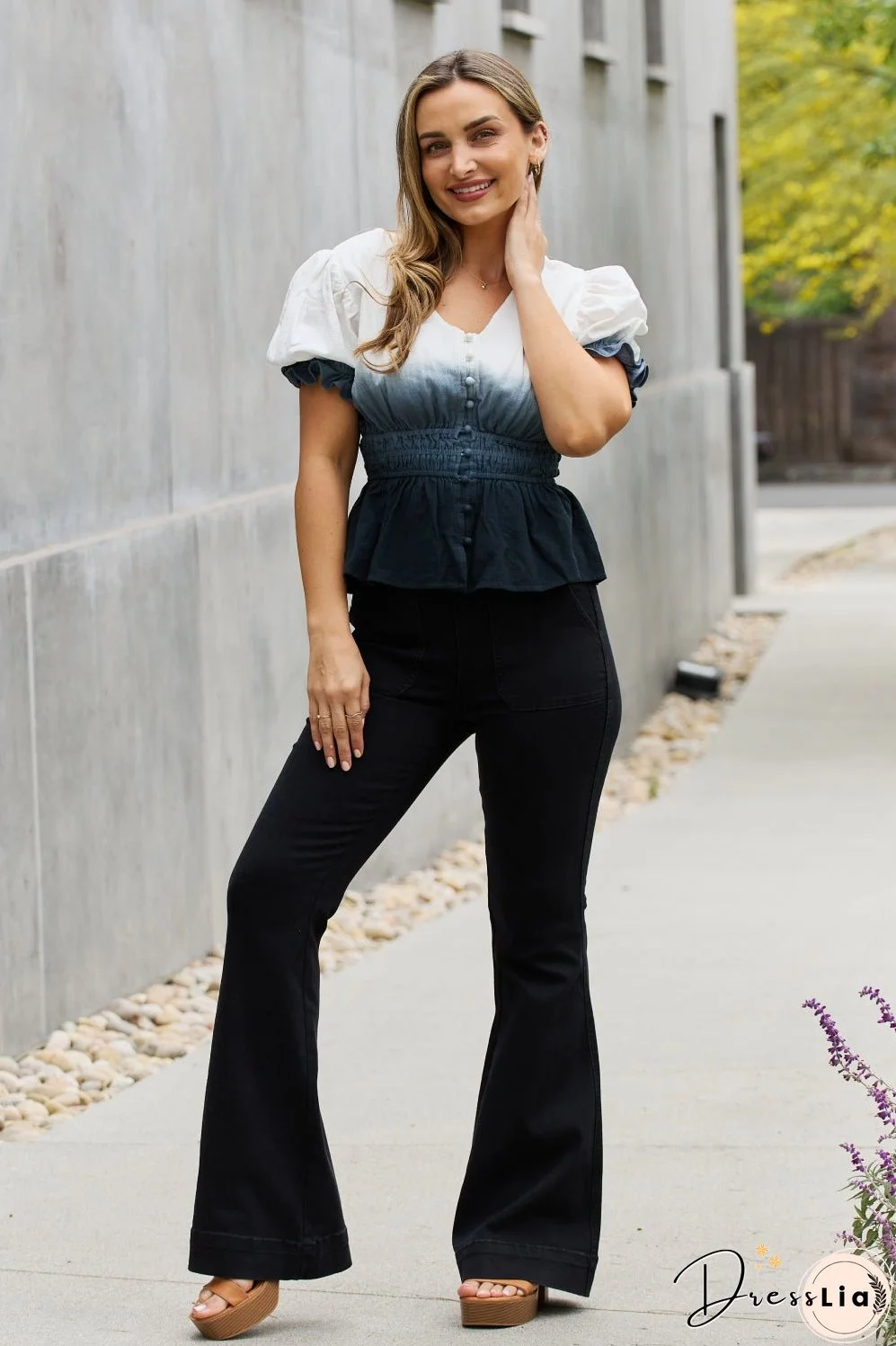 White Birch Full Size Smocked Waist Ombre Woven Top