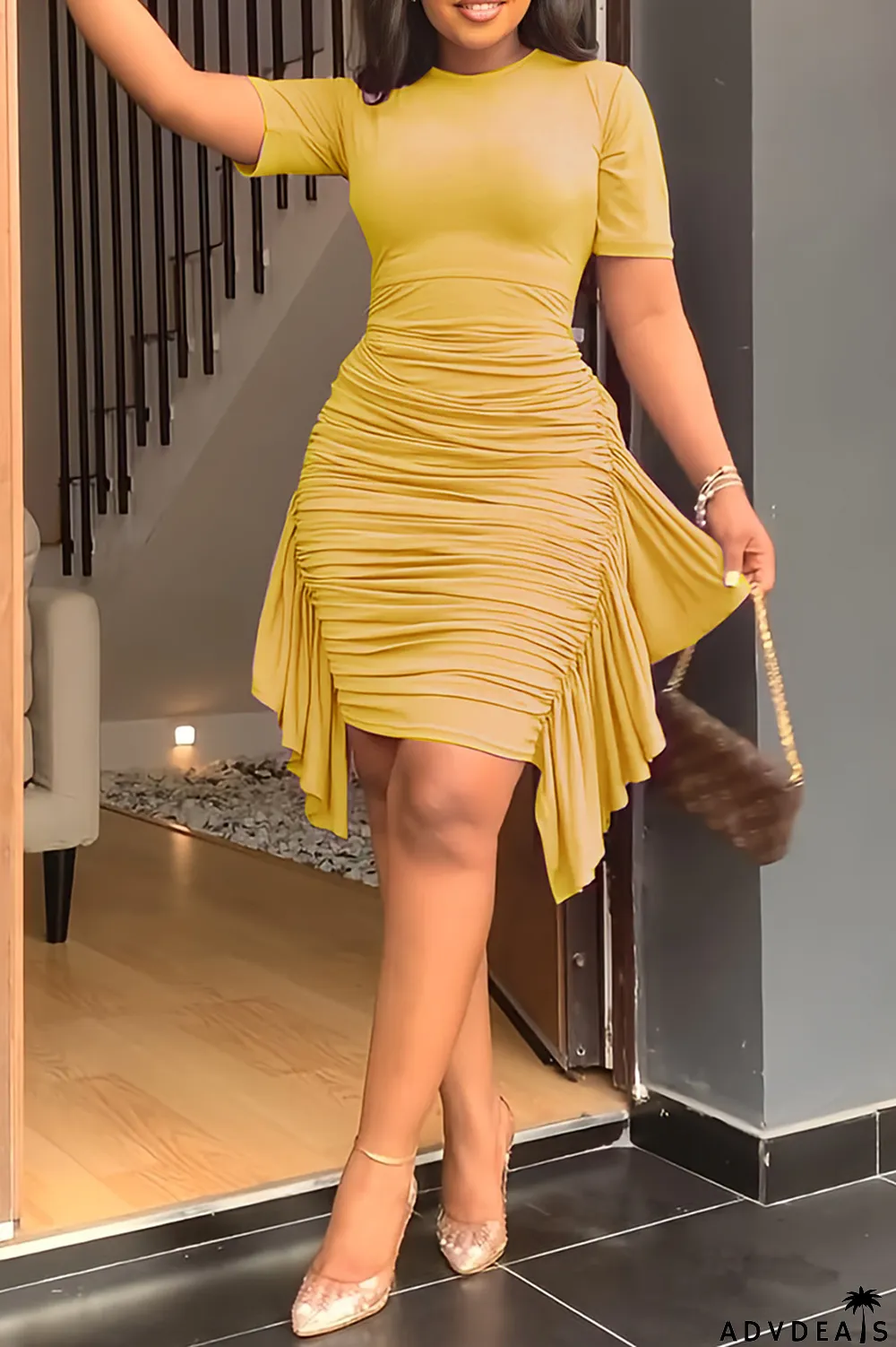 Brown Fashion Solid Flounce Fold O Neck Pencil Skirt Dresses