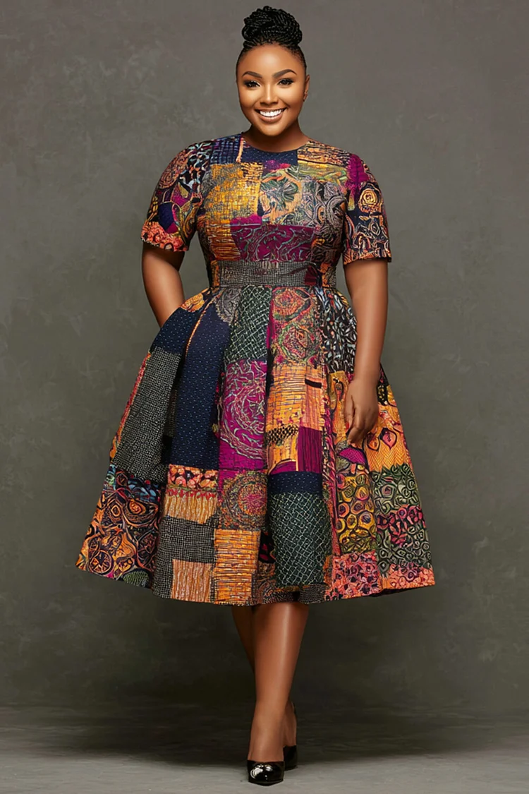 Xpluswear Design Plus Size Daily Multicolor Ankara Round Neck Short Sleeve Pocket Midi Dresses 2024 - Xpluswear