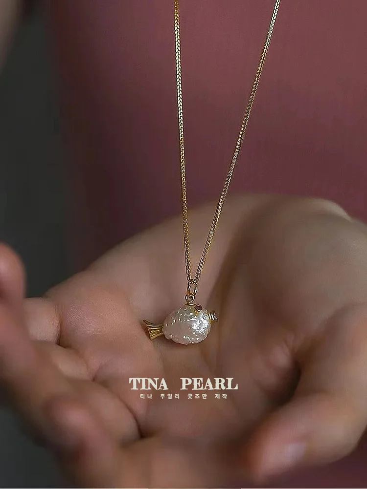 TINA Jewelry Fresh water shaped pearl puffer fish necklace 42cm+5cm