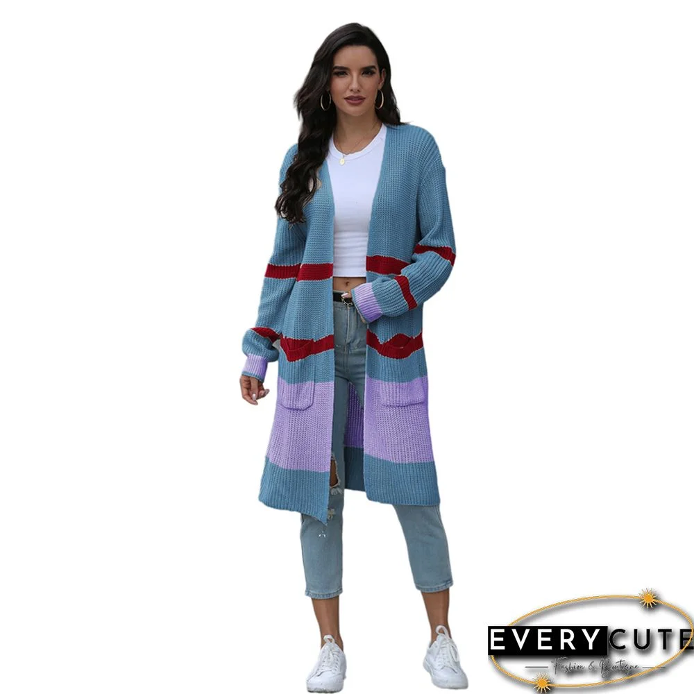 Blue Colorblock Pocketed Long Style Cardigan