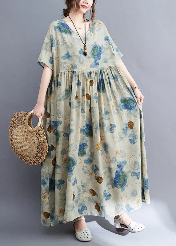 Natural O-Neck Print Wrinkled Long Dress Summer