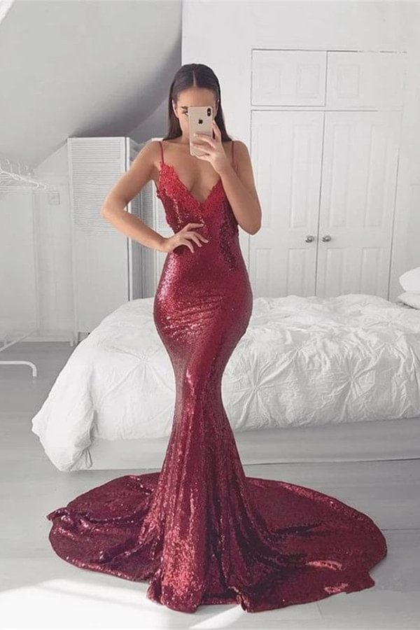 Luluslly Spaghetti-Straps Backless Mermaid Prom Dress Sequins With Appliques