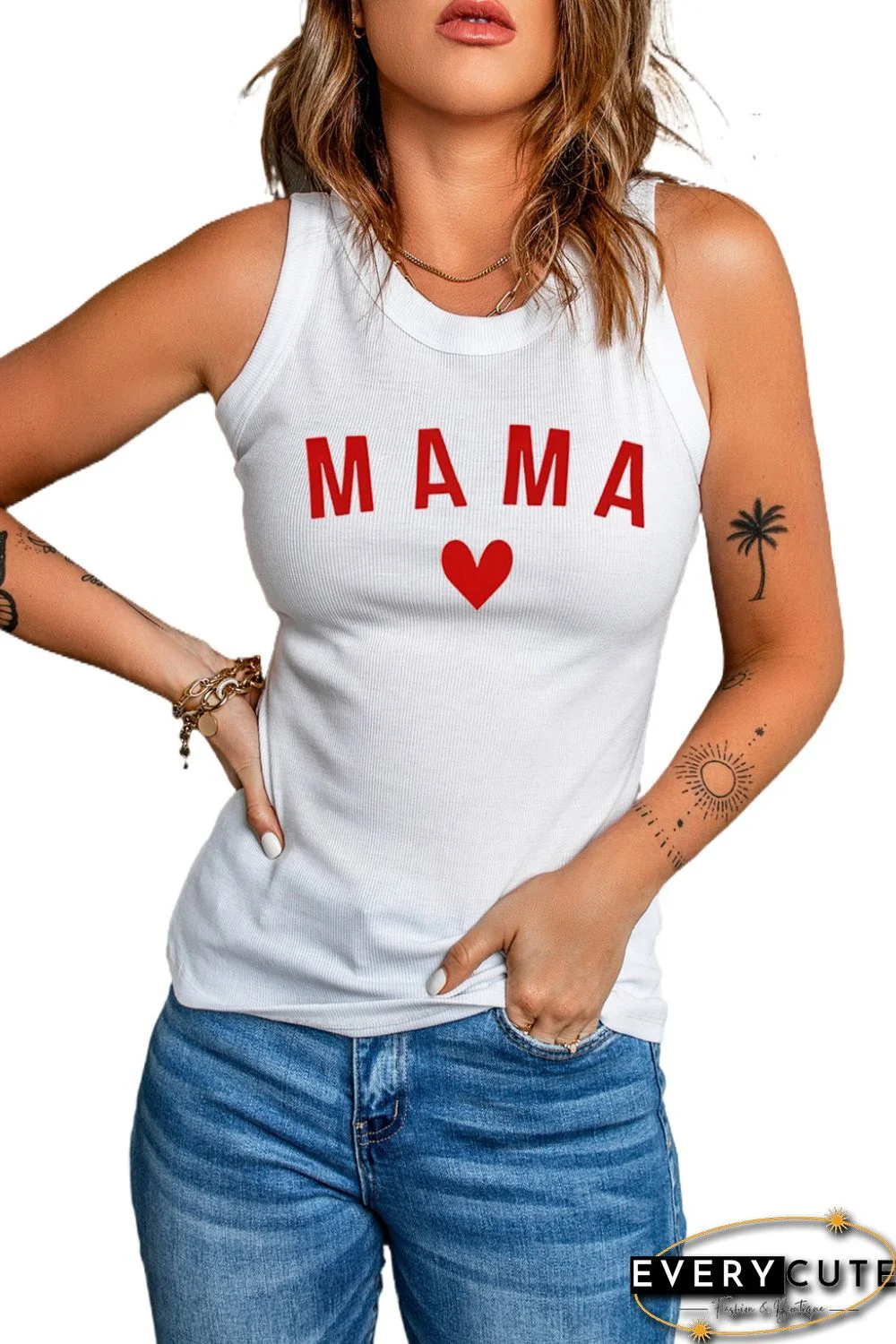 White MAMA Heart Graphic Rib Knit Tank Top