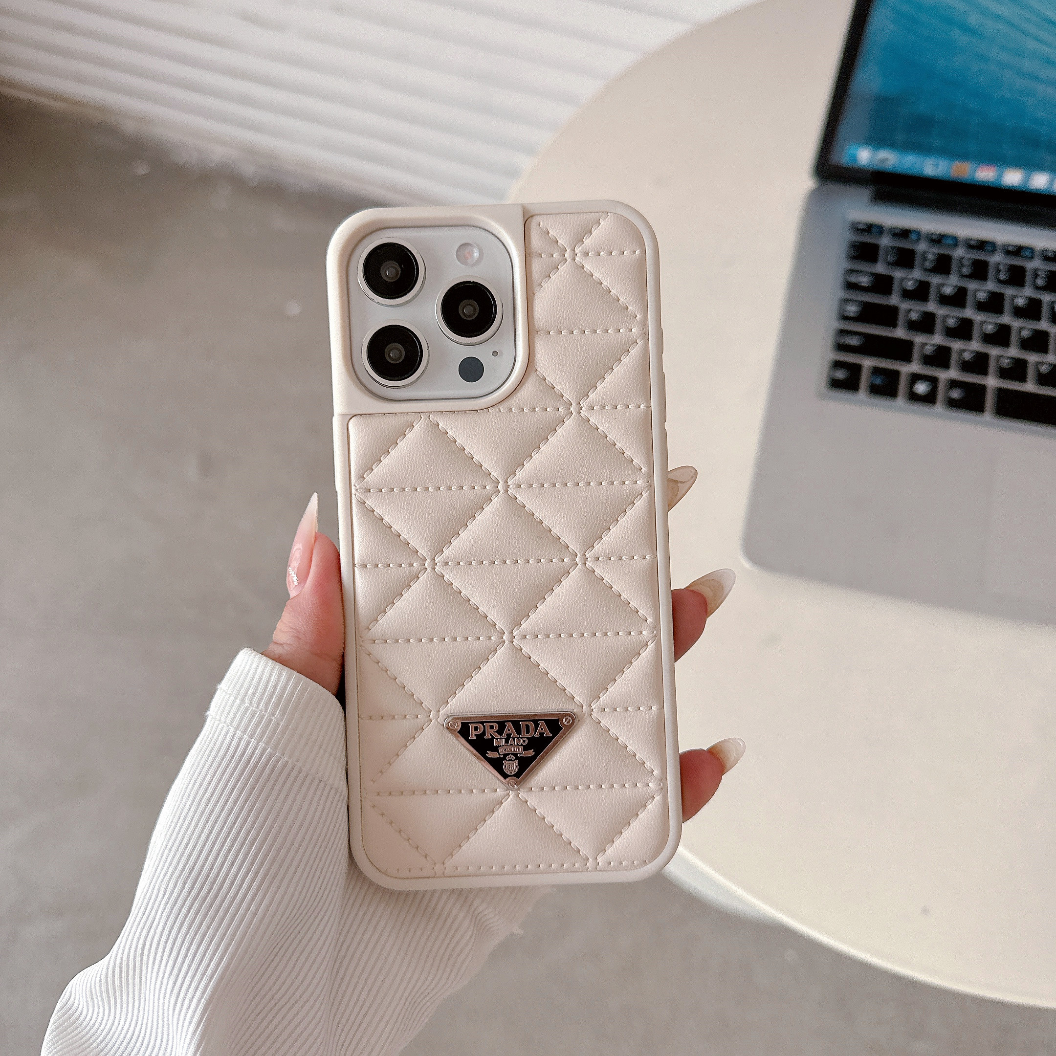 Prada Elegant Metal Monogram Diamond-Quilted Lambskim Leather Apple iPhone Case