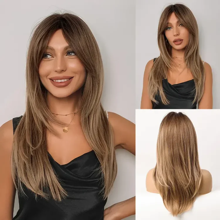 Long Blonde Wig with Bangs and Dark Roots - 24 Inch Synthetic Hair Wig for Women - Perfect for Any Occasion