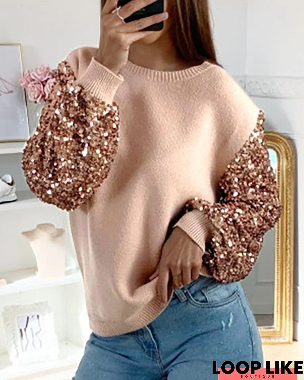 Sequins Lantern Sleeve O Neck Sweater