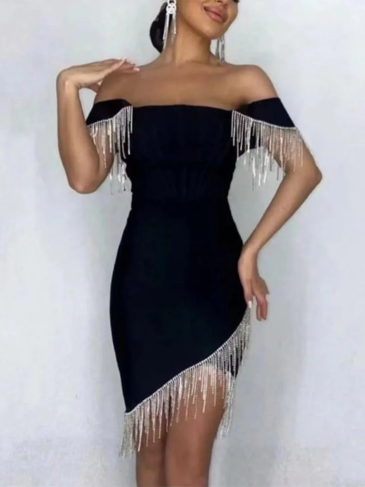 Neosepa-Gentle Off Shoulder Cold Sleeve Chain Tassel Fitting Silhouette Asymmetrical Dress