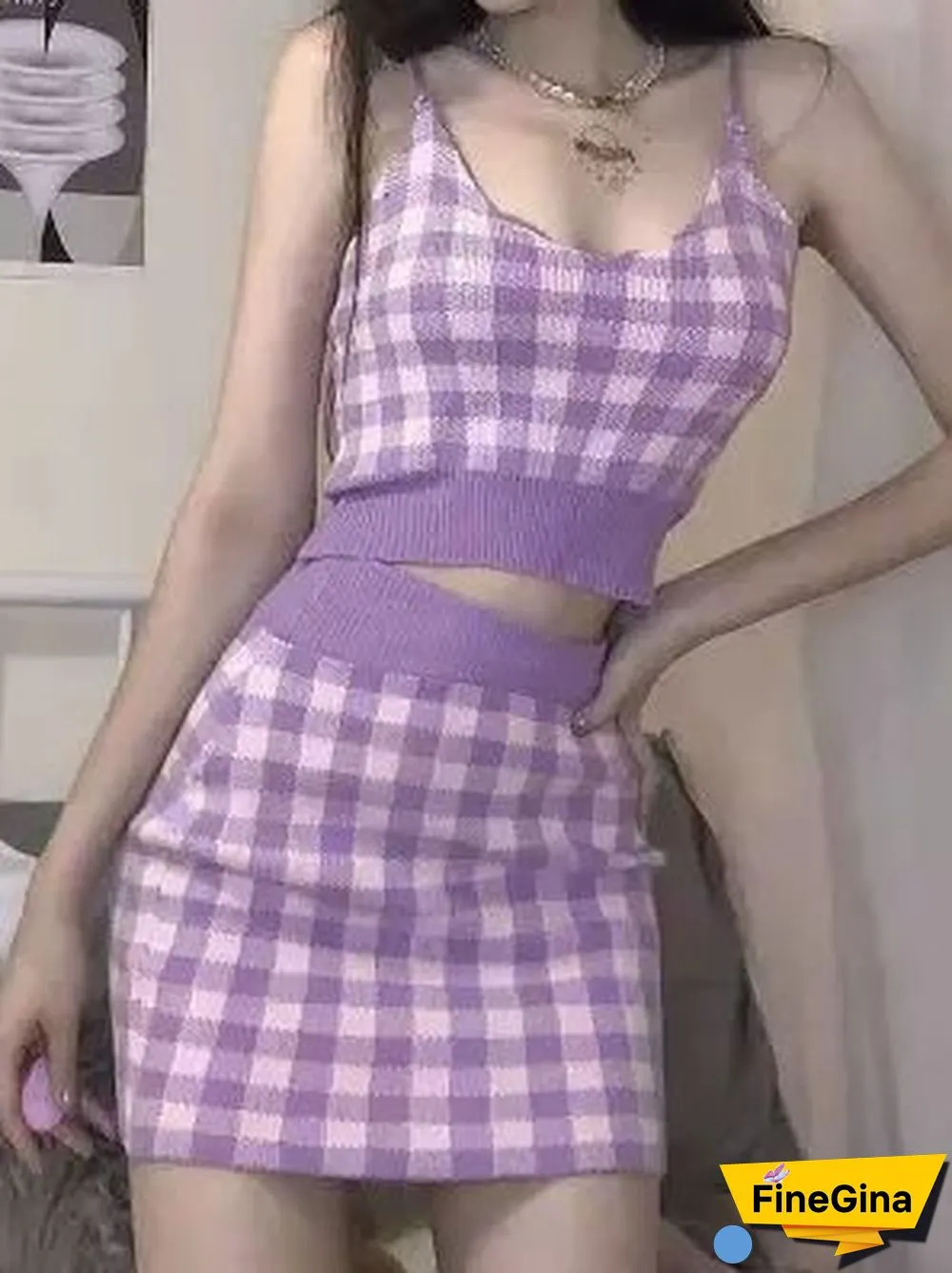 Heliar Women Plaid Crop Top And Mini Skirts Outfits Cute Skirt Sets For Women Tank Tops Two Piece Sets Beach Women Summer