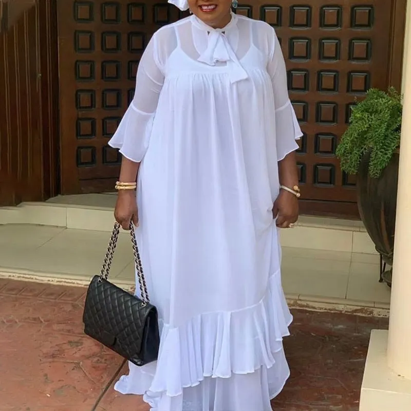 Summer Sleeveless Dress VONDA 2022 Women Bow Neck Flare Sleeve Pleated Ruffled Hem Long Maxi Dresses Bohemian Vestido Party Robe