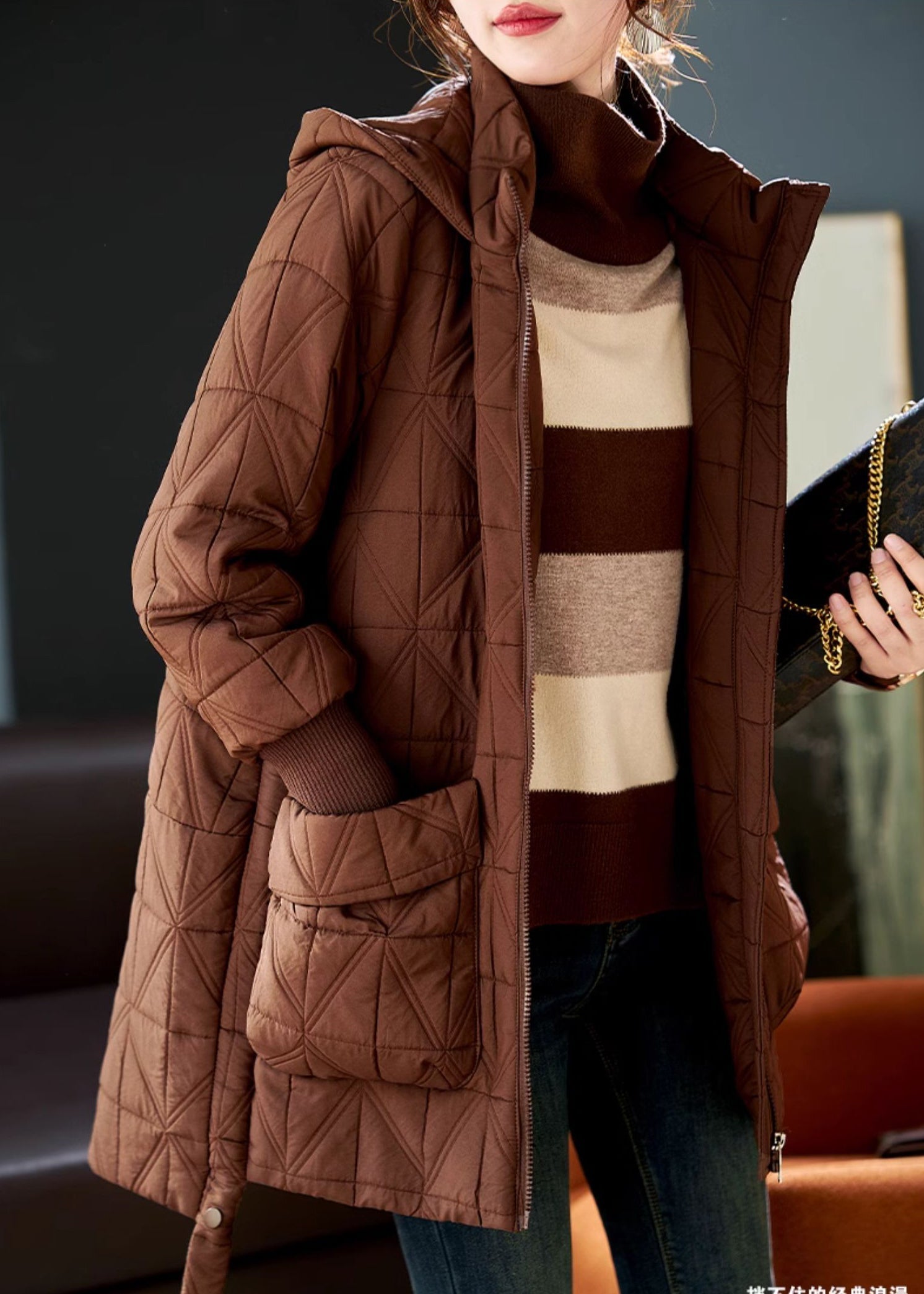 VCSHOES Coffee Hooded Pockets Duck Down Down Coat Winter