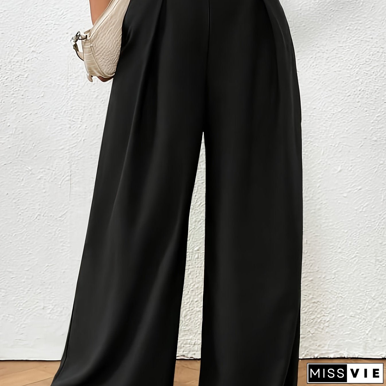 Plus Size Solid Pleated Wide Leg Pants, Casual High Waist Pants, Women's Plus Size Clothing