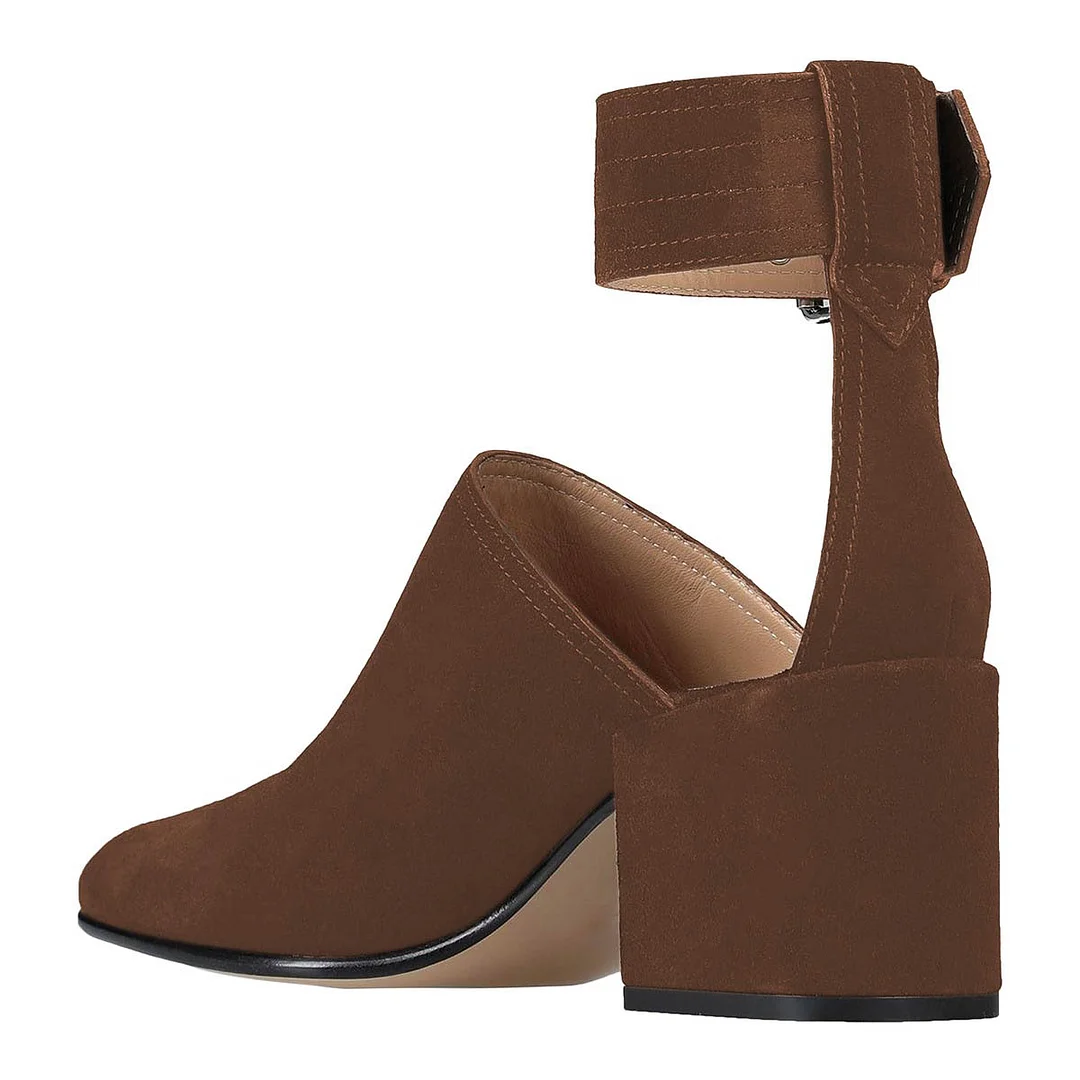 Women's Brown Almond Toe Block Heel Ankle Strap Pumps Shoes with Buckle
